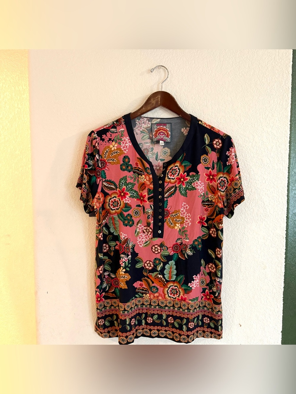 Johnny Was Womens Shirt Blouse Janie Favorite Short Sleeve Henley Size Large